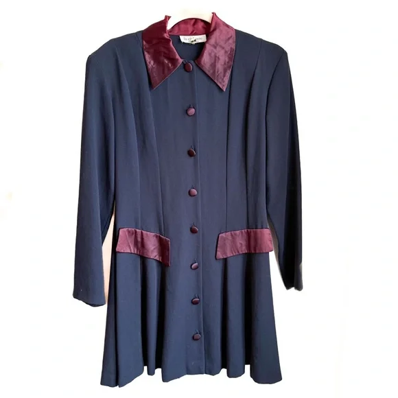 Vintage Le Chateau Navy Blue Mini Dress Satin Trim Pleated Coat Dress Size 7 - Picture 2 of 10